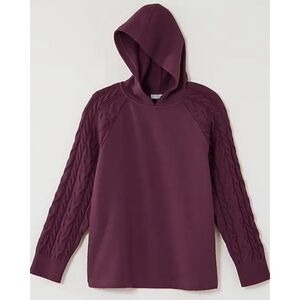 J.Jill French Terry & Cable Knit Sleeve Hoodie, Cotton, Purple, Size XL, NWT
